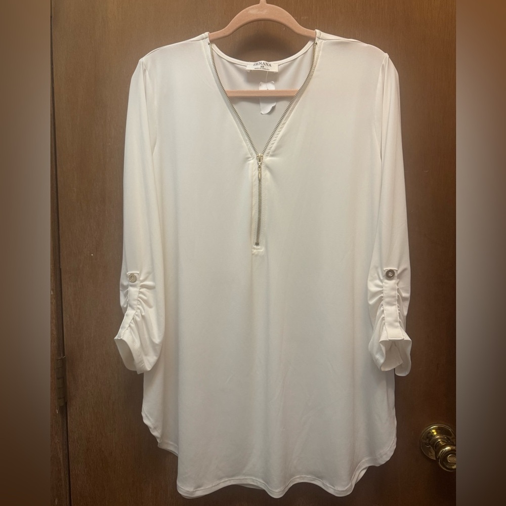 Zenana Women’s 2x Top Tunic White with Gold Zippered V-neck